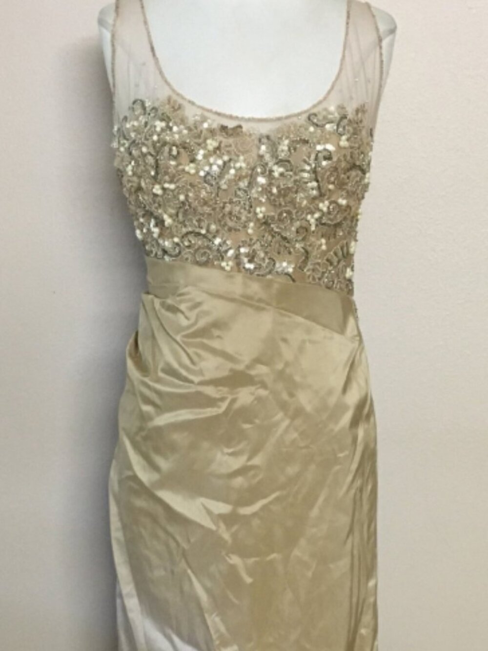 Vintage San Carlin Nude Beige Tan Sheer Pearl Sequin beaded Formal Dress Gown